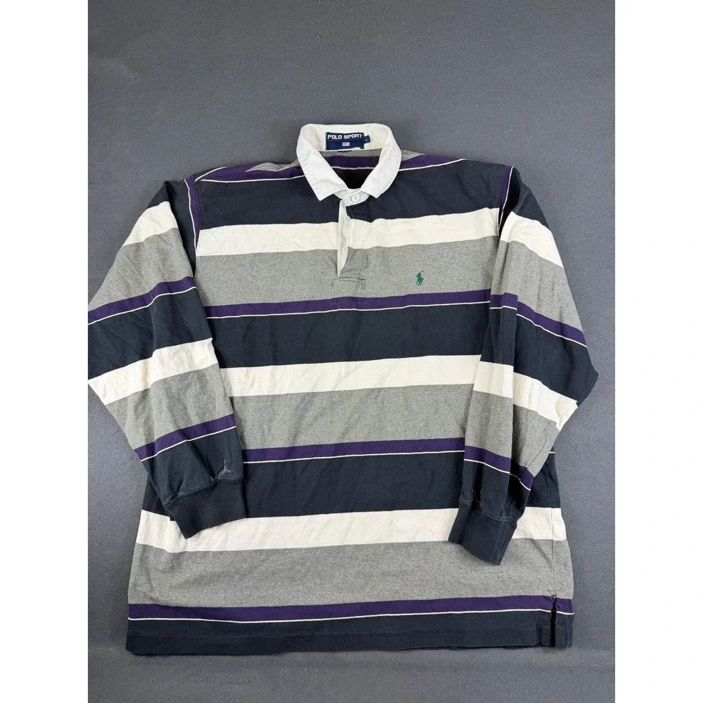 Vintage Polo Sport Ralph Lauren Mens Multicolor Rugby Shirt Long Sleeve Logo L